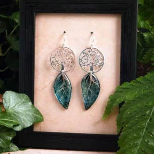 Boucles d’oreille arbre de vie avec ailes de fée bleu foncé