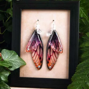 Boucles d'oreilles longues artisanales en ailes de fée, couleur Crépuscule (dégradé orange et violet)