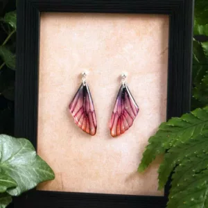 Petites boucles d’oreille artisanales en ailes de fée, couleur Crépuscule (dégradé orange et violet)