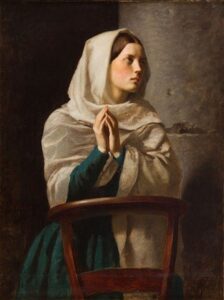 Peinture d’une jeune femme en prière, évoquant la mère de Merlin – Jules Breton (1854)