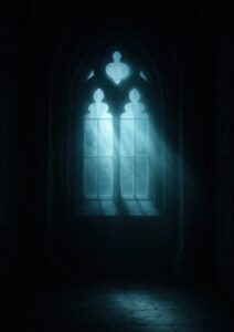 Chambre médiévale sombre avec lumière bleutée à travers une fenêtre gothique, illustrant la conception mystérieuse de Merlin